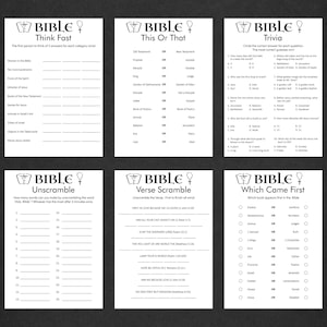 May include: A printable Bible-themed game set with six different game boards. The games include Think Fast, This or That, Trivia, Unscramble, Verse Scramble, and Which Came First. The games are designed for a group of people to play together.