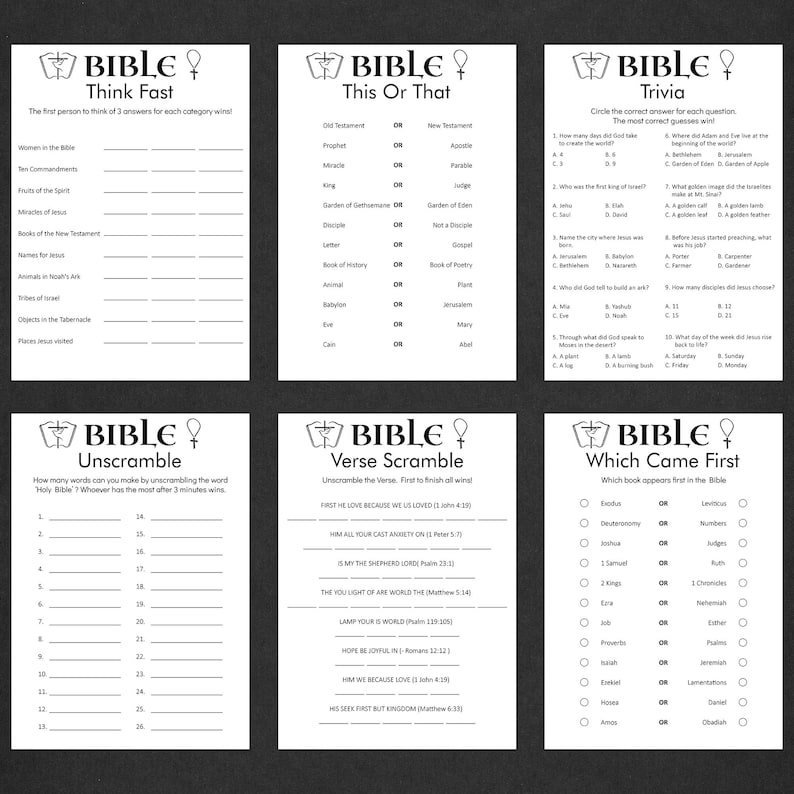 May include: A printable Bible-themed game set with six different game boards. The games include Think Fast, This or That, Trivia, Unscramble, Verse Scramble, and Which Came First. The games are designed for a group of people to play together.
