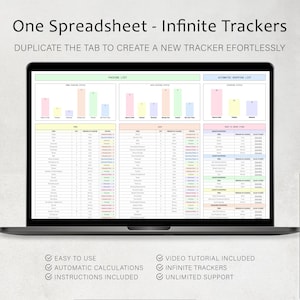 Puede incluir: Un ordenador port&aacute;til muestra una hoja de c&aacute;lculo con el texto "One Spreadsheet - Infinite Trackers". La pantalla muestra gr&aacute;ficos y tablas de datos. El texto inferior dice "Easy to Use", "Automatic Calculations" e "Instructions Included".