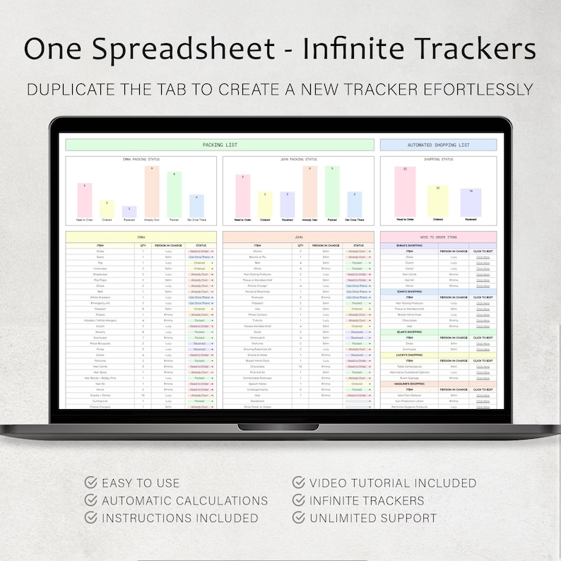 Puede incluir: Un ordenador port&aacute;til muestra una hoja de c&aacute;lculo con el texto "One Spreadsheet - Infinite Trackers". La pantalla muestra gr&aacute;ficos y tablas de datos. El texto inferior dice "Easy to Use", "Automatic Calculations" e "Instructions Included".