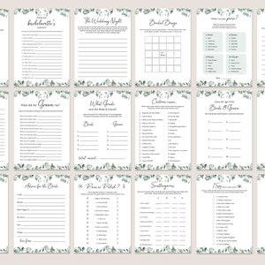 May include: A set of printable bridal shower games with a green eucalyptus theme. The games include "Finish the Bachelorette's Sentence", "The Wedding Night", "Bridal Bingo", "What's in your purse", "What did the Groom say", "What Grade were the Bride & Groom", "Cartoon Couples", "Guess the age of the Bride & Groom", "Advice for the Bride", "Poms or Polish", "Scattergories", and "I Spy".