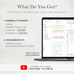 May include: A digital workout planner displayed on a laptop screen, featuring sections for weekly planning, automated calendars, dashboards, weight tracking, and body measurements. The interface includes quick links for navigation and a YouTube tutorial.