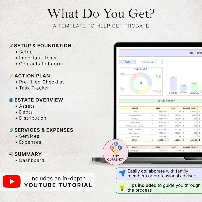 May include: A laptop screen shows a financial template titled "What Do You Get?" with sections for setup, action plan, estate overview, services, and summary. The template includes a YouTube tutorial and tips for guidance.