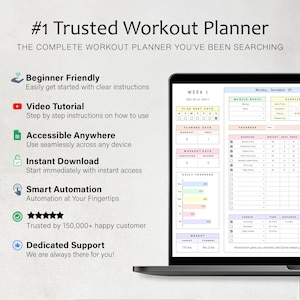 May include: A laptop screen displays a workout planner with the text "#1 Trusted Workout Planner." The planner includes sections for muscle groups, progress tracking, and cardio exercises. Features include beginner-friendly instructions and instant download.