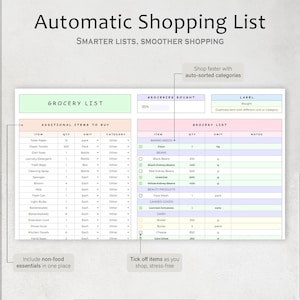 May include: A digital shopping list titled "Automatic Shopping List" with sections for groceries and additional items. The list includes categories, quantities, and units. The text "Shop faster with auto-sorted categories" is also visible.