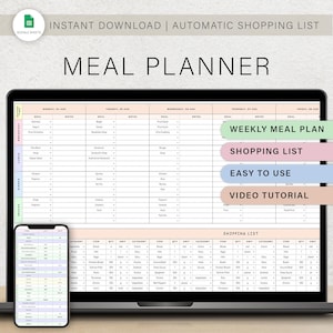 May include: A laptop and smartphone displaying a digital meal planner and shopping list. The screen shows a weekly meal plan with categories for breakfast, lunch, dinner, and snacks. Text includes "Instant Download" and "Automatic Shopping List."