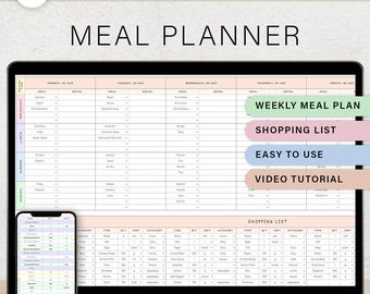 Weekly Meal Planner And Grocery List Spreadsheet Digital Meal Tracker Google Sheets Automated Shopping List Template Food Prep Meal Journal