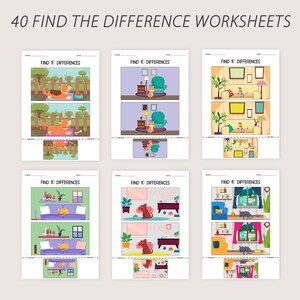 Pu&ograve; includere: Sei fogli di lavoro stampabili con il testo "Trova 10 differenze" in cima a ogni pagina. Ogni foglio di lavoro presenta due immagini di una scena con 10 differenze tra loro. Le scene includono un cane in un cortile, un gatto in un soggiorno e un gatto in una camera da letto.