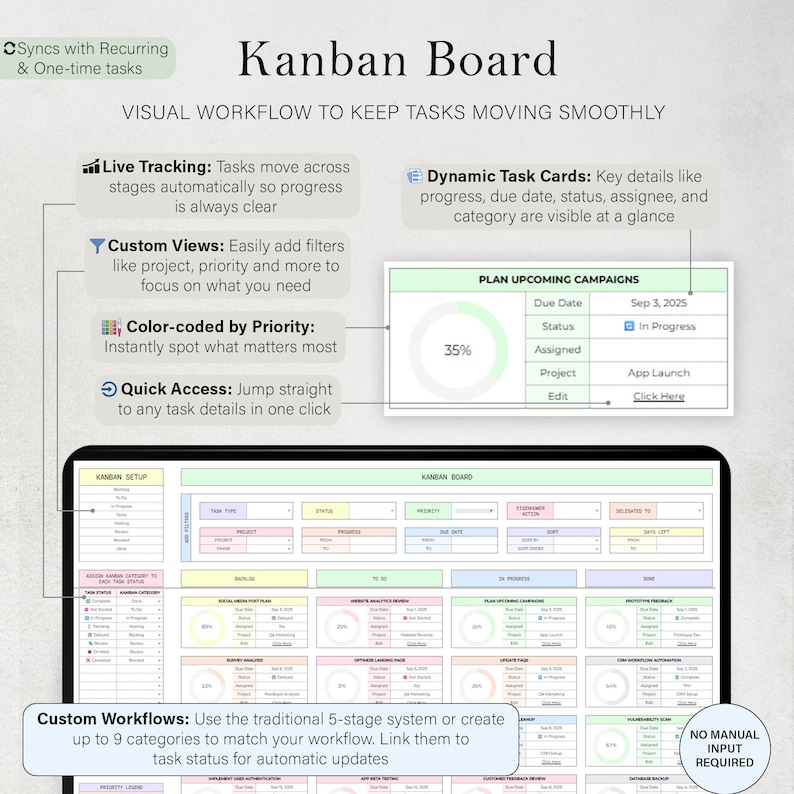 Puede incluir: Interfaz digital de un tablero Kanban con el t&iacute;tulo "Kanban Board". La interfaz muestra un flujo de trabajo visual para mantener las tareas en movimiento sin problemas. Las caracter&iacute;sticas incluyen seguimiento en vivo, vistas personalizadas, prioridad codificada por colores y acceso r&aacute;pido. El tablero muestra un plan para las pr&oacute;ximas campa&ntilde;as.