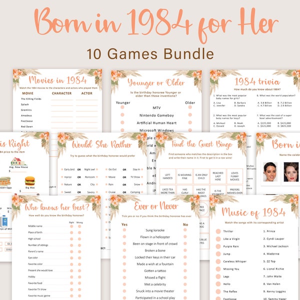 40th Birthday Games for Women 40th Birthday Party Games for Her Born in 1984 Game 1984 Trivia Quiz Activity Bundle Digital Instant PRINTABLE