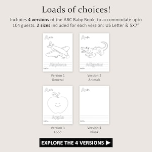 May include: An image showcasing four versions of an ABC Baby Book. Each version features a different illustration: an airplane, an alligator, an apple, and a blank page. The text "Loads of choices!" and "EXPLORE THE 4 VERSIONS" are also visible.