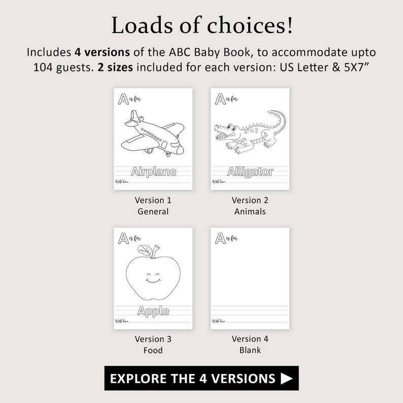 May include: An image showcasing four versions of an ABC Baby Book. Each version features a different illustration: an airplane, an alligator, an apple, and a blank page. The text "Loads of choices!" and "EXPLORE THE 4 VERSIONS" are also visible.