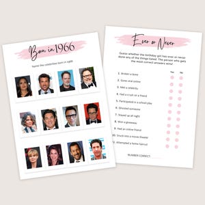 May include: Two printable game sheets. One sheet says "Born in 1966" and features celebrity photos. The other sheet says "Ever or Never" with a list of questions and yes/no bubbles. Both sheets have pink accents.