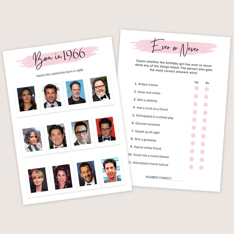 May include: Two printable game sheets. One sheet says "Born in 1966" and features celebrity photos. The other sheet says "Ever or Never" with a list of questions and yes/no bubbles. Both sheets have pink accents.