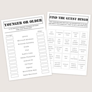 May include: Two white paper game sheets. One is titled "YOUNGER OR OLDER" with a list of inventions. The other is "FIND THE GUEST BINGO" with descriptive phrases. Both are designed for party games.