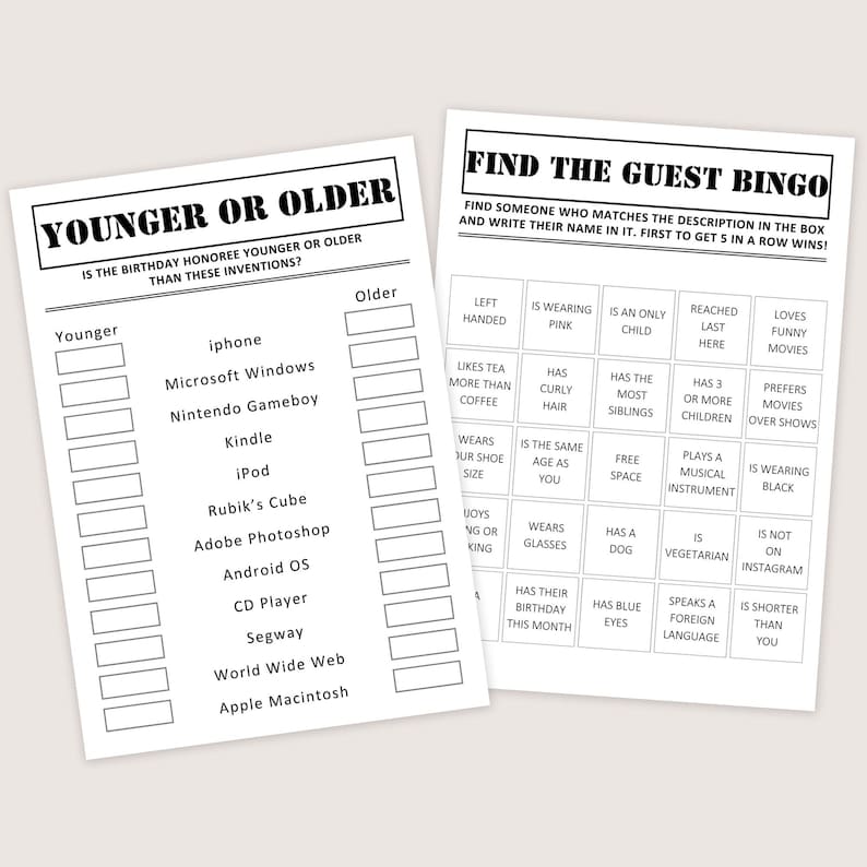 May include: Two white paper game sheets. One is titled "YOUNGER OR OLDER" with a list of inventions. The other is "FIND THE GUEST BINGO" with descriptive phrases. Both are designed for party games.