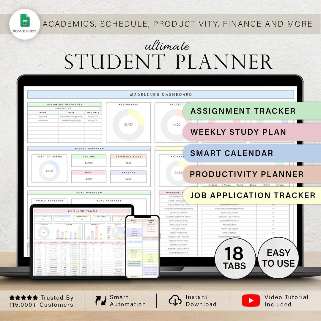 Student Planner Assignment Tracker Academic Study Planner Spreadsheet ...