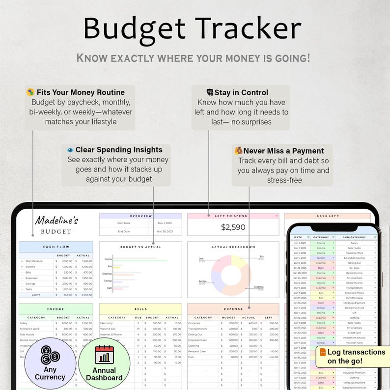 May include: A digital budget tracker interface with the title "Budget Tracker" and the tagline "Know Exactly Where Your Money Is Going!". The interface includes sections for cash flow, income, bills, and expenses, with a mobile phone displaying transaction logs.