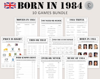 UK 40th Birthday Games Bundle British 40th Birthday Party Games 1984 Trivia Born in 1984 40 year Men Women Him Her Pound Sterling PRINTABLE