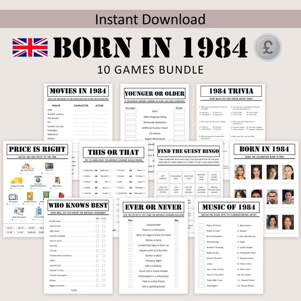 UK 40th Birthday Games Bundle British 40th Birthday Party Games 1984 Trivia Born in 1984 40 year Men Women Him Her Pound Sterling PRINTABLE