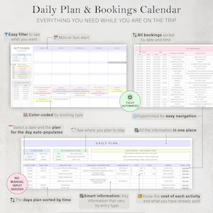 May include: A digital daily plan and bookings calendar with the text "Daily Plan & Bookings Calendar." The calendar includes sections for September, bookings sorted by date and time, and a daily plan. Features include color-coding and hyperlinks.