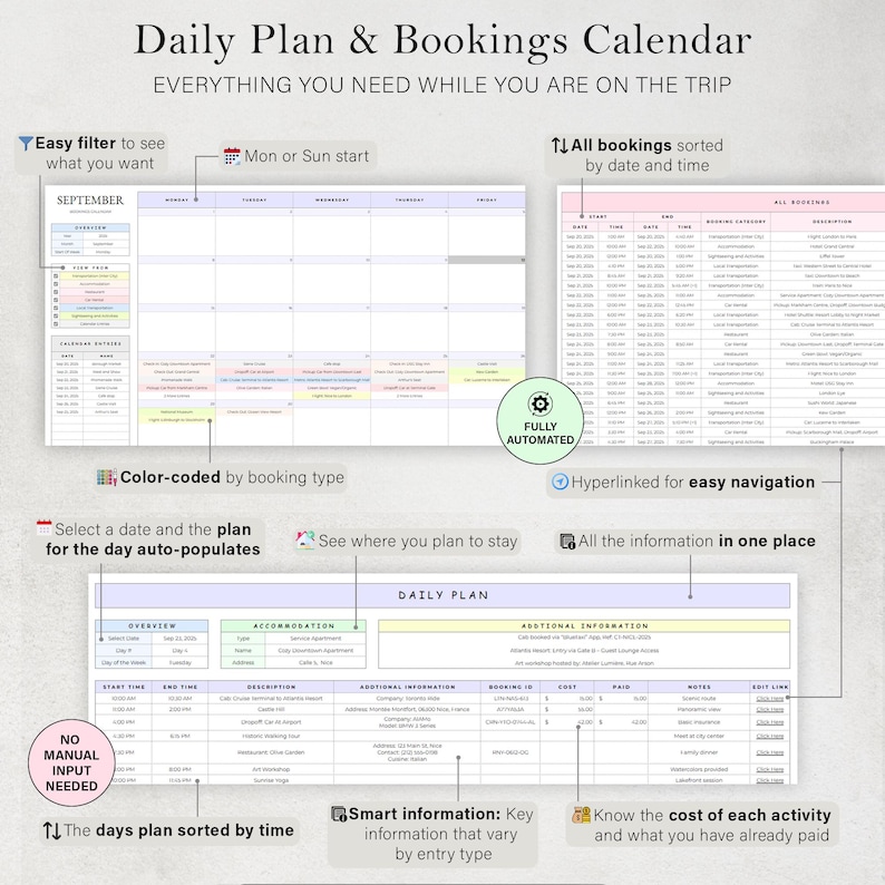 May include: A digital daily plan and bookings calendar with the text "Daily Plan & Bookings Calendar." The calendar includes sections for September, bookings sorted by date and time, and a daily plan. Features include color-coding and hyperlinks.