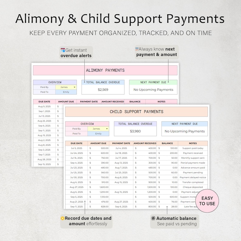 May include: A digital spreadsheet titled "Alimony & Child Support Payments" with payment tracking features. The spreadsheet displays due dates, amounts, payment dates, and balances. Text includes "Get instant overdue alerts" and "Easy to use."