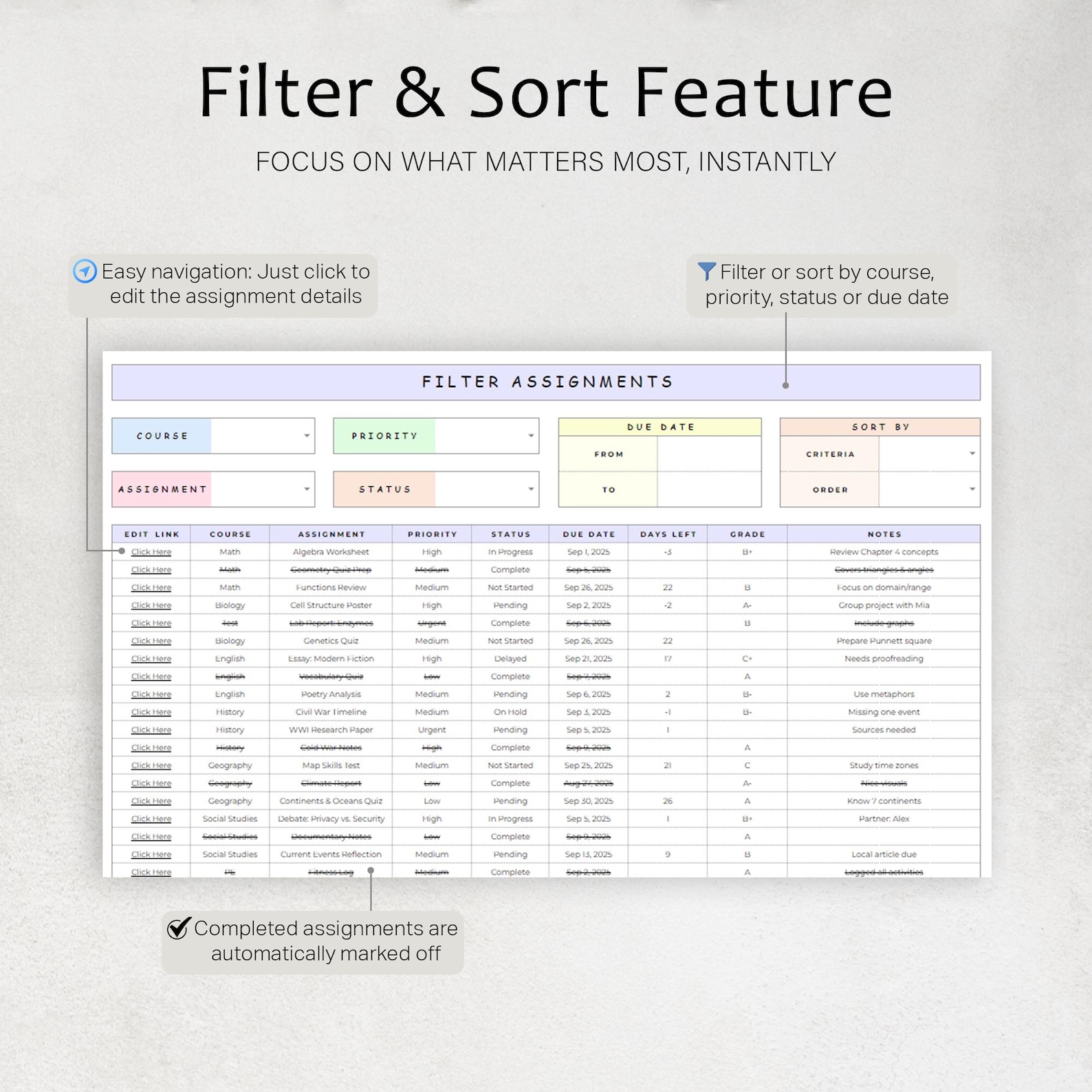 Assignment Tracker Spreadsheet Student Planner Template Academic Study ...
