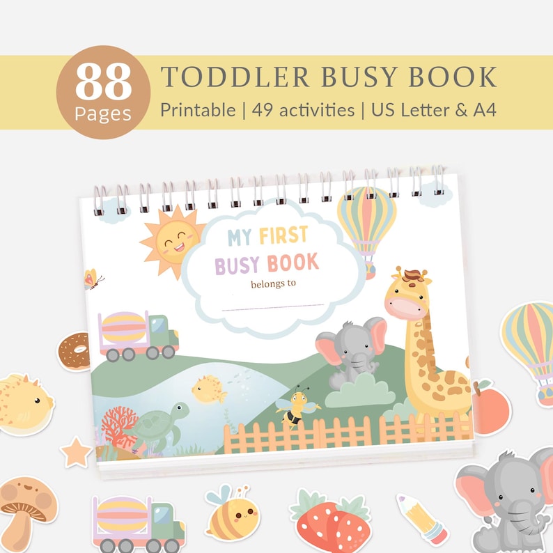 May include: A spiral-bound "My First Busy Book" with a colorful cover featuring a smiling sun, giraffe, elephant, and hot air balloons. The book includes 88 pages and 49 activities, designed for toddlers.