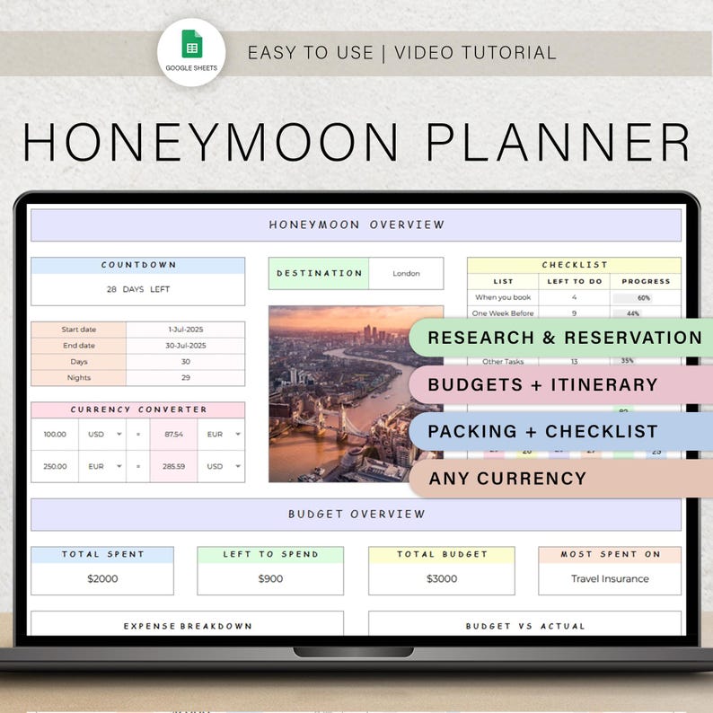 May include: A laptop screen displaying a digital honeymoon planner. The planner includes sections for countdown, destination, checklist, budget, and currency conversion. The text "HONEYMOON PLANNER" is at the top.