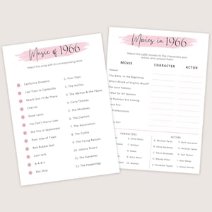 May include: Two printable game sheets with pink accents. One sheet is titled "Music of 1966" and lists songs with corresponding artists. The other sheet is titled "Movies in 1966" and lists movies with characters and actors.
