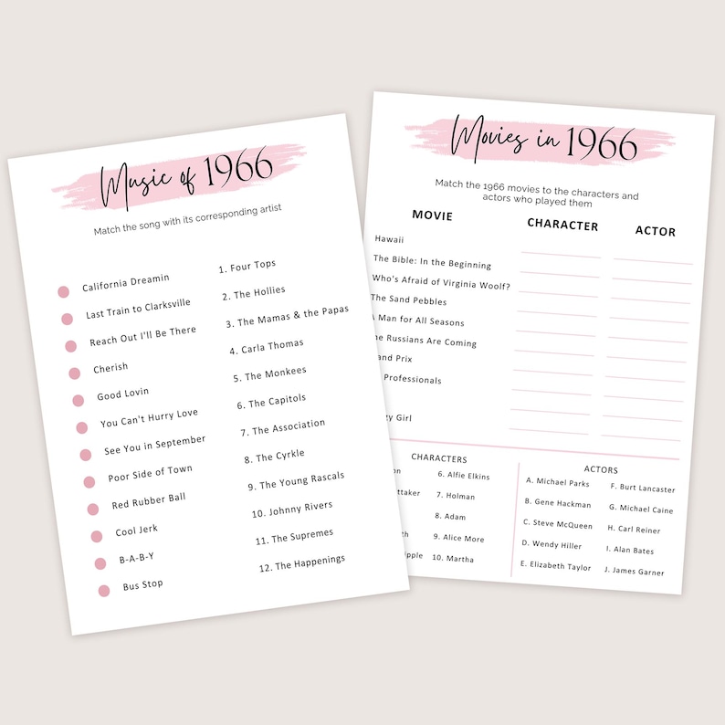 May include: Two printable game sheets with pink accents. One sheet is titled "Music of 1966" and lists songs with corresponding artists. The other sheet is titled "Movies in 1966" and lists movies with characters and actors.