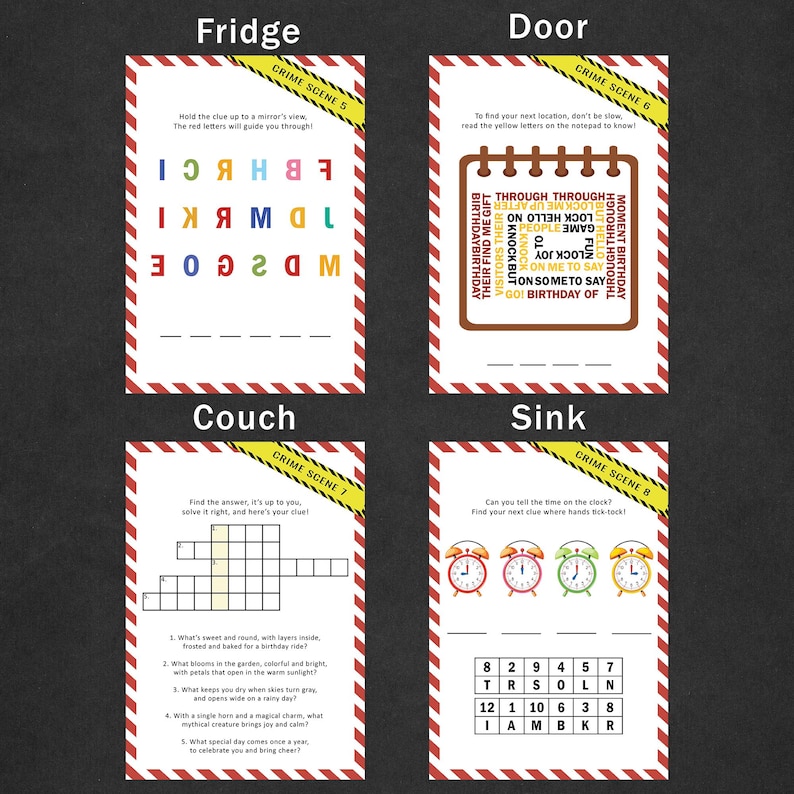 May include: Four game cards with a red and white striped border. The cards are labeled "Fridge", "Door", "Couch", and "Sink". Each card has a different puzzle or clue, with text and graphics.