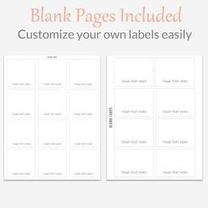 Pu&ograve; includere: Due fogli di carta bianchi con modelli di etichette vuote. Il testo "Blank Pages Included" &egrave; in un carattere rosa chiaro e "Customize your own labels easily" &egrave; in grigio.