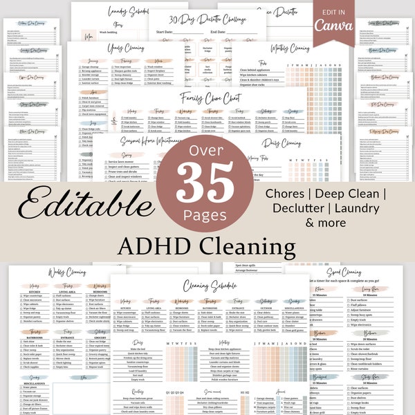 Cleaning Schedule Cleaning Checklist ADHD Cleaning Planner Daily Weekly Monthly Bundle Deep Cleaning Chart Home Declutter Challenge EDITABLE