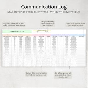 Puede incluir: Un registro de comunicaci&oacute;n digital titulado "Communication Log" con el lema "Mant&eacute;ngase al tanto de cada tarea del cliente, sin sentirse abrumado". El registro incluye secciones para informaci&oacute;n del cliente, resumen de comunicaci&oacute;n, detalles de la pr&oacute;xima acci&oacute;n y notas.