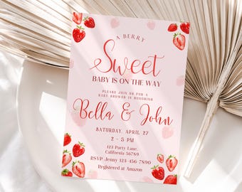 Strawberry Baby Shower Invitation Berry Sweet Baby is on the Way Girl Baby Shower Summer Baby Girl Shower Party Invite Theme EDITABLE BS1