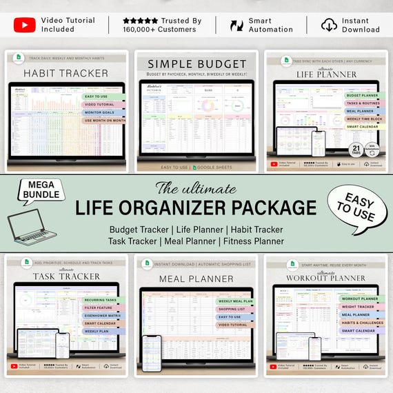 Life Planner Life Organizer Spreadsheet Budget Tracker Template Daily Planner Tasks To Do List Habit Workout Meal Calendar Google Sheets