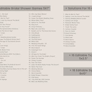 May include: A printable set of 65 bridal shower games, 16 editable tickets, and 18 editable signs. The games are listed in a numbered format with titles such as "He Said - She Said", "Who Has Been Where?", and "Mad Libs Love Story". The tickets and signs are listed with their dimensions.