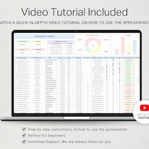 May include: A laptop screen displaying a scholarship tracker spreadsheet with colorful data tables, charts, and status columns. The text Video Tutorial Included and Watch a quick in-depth video tutorial on how to use the spreadsheet are visible.