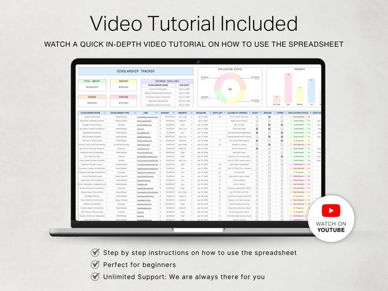 May include: A laptop screen displaying a scholarship tracker spreadsheet with colorful data tables, charts, and status columns. The text Video Tutorial Included and Watch a quick in-depth video tutorial on how to use the spreadsheet are visible.
