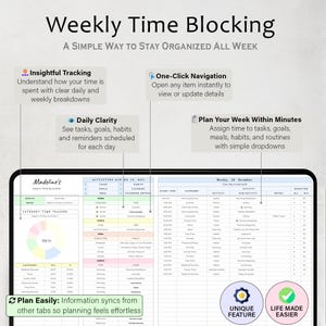 May include: A digital planner titled "Weekly Time Blocking" with the tagline "A Simple Way to Stay Organized All Week." The planner includes sections for tracking time, daily clarity, and planning the week. Features include one-click navigation and easy planning.