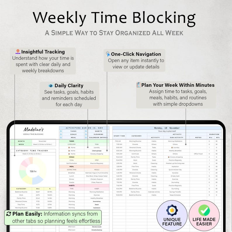May include: A digital planner titled "Weekly Time Blocking" with the tagline "A Simple Way to Stay Organized All Week." The planner includes sections for tracking time, daily clarity, and planning the week. Features include one-click navigation and easy planning.