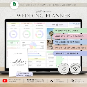 Op de afbeelding: Een laptop scherm met een trouwplanner sjabloon met secties voor budget, gastenlijsten en leveranciersonderzoek. Inclusief een trouwdagmap en pictogrammen voor eenvoudig gebruik en huwelijksreisbudget.