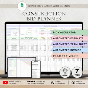 May include: A laptop, tablet, and smartphone display a construction bid planner spreadsheet. The screen shows project details, bid price, and cost estimates. Text includes "Construction Bid Planner," "Bid Calculator," and "Automated Estimate."