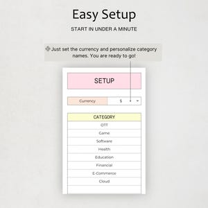 May include: A digital interface graphic titled Easy Setup with the subtitle START IN UNDER A MINUTE. It features a text box stating Just set the currency and personalize category names. You are ready to go! pointing to a currency dropdown menu.