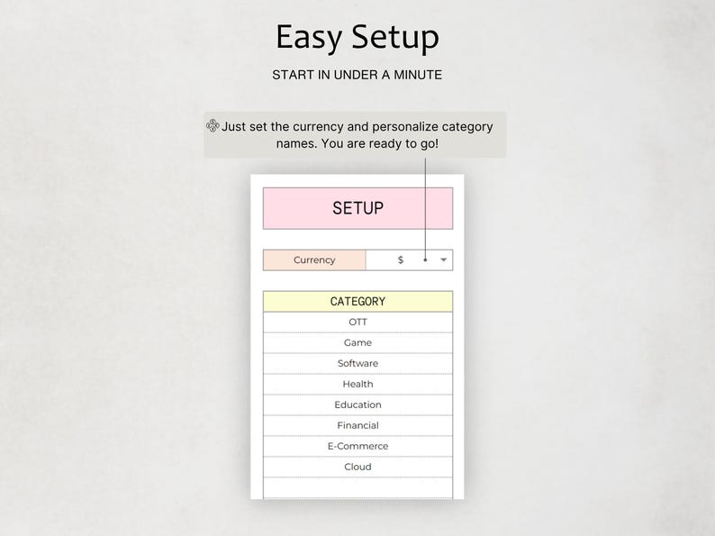 May include: A digital interface graphic titled Easy Setup with the subtitle START IN UNDER A MINUTE. It features a text box stating Just set the currency and personalize category names. You are ready to go! pointing to a currency dropdown menu.