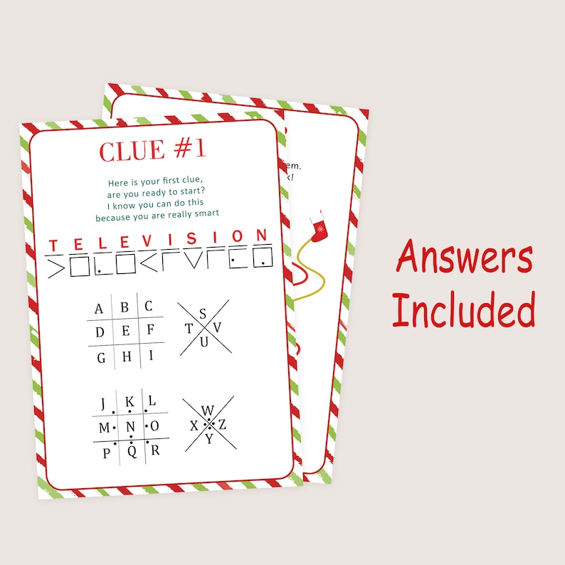 May include: A printable Christmas-themed word puzzle with the word "TELEVISION" scrambled. The puzzle is designed to be solved by matching letters in a grid to the corresponding letters in the scrambled word. The text "CLUE #1" and "Answers Included" are also visible on the page.