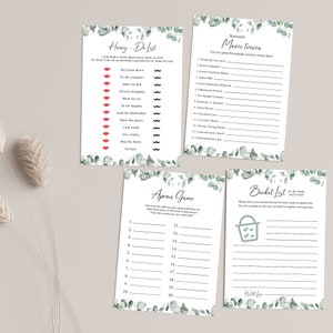 May include: Four printable cards with a green and white eucalyptus design. The cards are for a wedding shower or bridal party and include a honey-do list, a movie trivia game, an apron game, and a bucket list for the bride and groom.