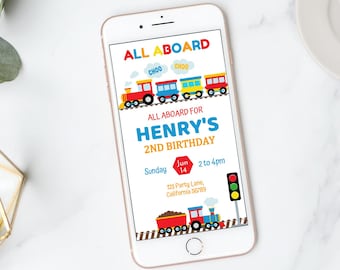 Puede incluir: Un smartphone muestra una invitación de cumpleaños con un tema de tren. El texto dice "ALL ABOARD" y "HENRY'S 2ND BIRTHDAY". La invitación incluye un tren y la fecha, domingo 14 de junio, de 2 a 4 pm.